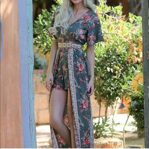 Angie Olive Beige Romper Maxi Dress 